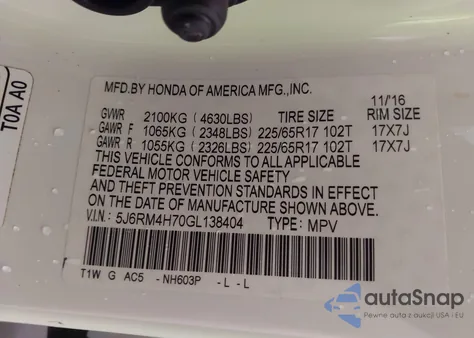 2016 Honda Cr-V Ex-L из США, поврежденный, VIN 5J6RM4H70GL138404